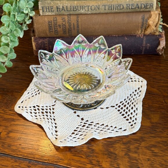 Vintage Iridescent Footed Crystal Candy Dish - Picture 6 of 13